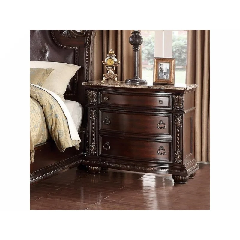 1Pc Traditional Style End Table 3-Drawer Nightstand with Marble Top Rich Brown Cherry Finish Solid Wood Wooden Bedroom