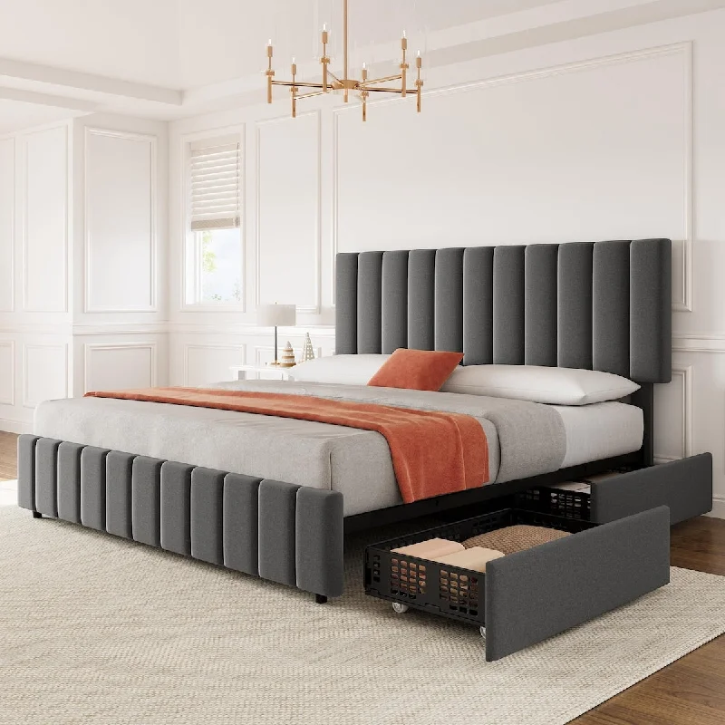 Bed Frame with 4 Storage Drawers and Adjustable Headboard