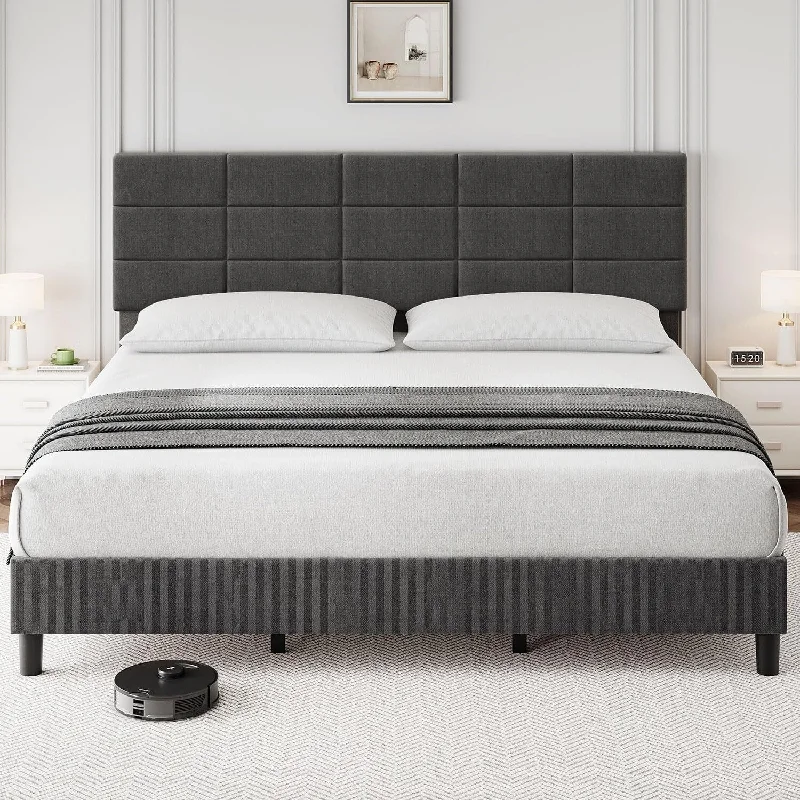 Bed Frame with Headboard, Linen Upholstered Platform Bed Frame