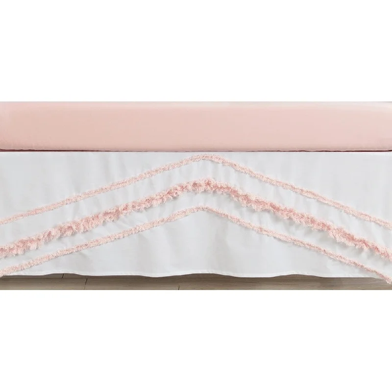 Boho Bohemian Girl Crib Bed Skirt - Blush Pink and White Farmhouse Shabby Chic Designer Modern Minimalist Tufted Fringe Cotton