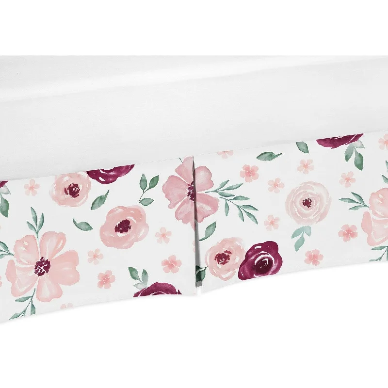 Burgundy and Pink Watercolor Floral Girl Crib Bed Skirt - Blush Maroon Wine Rose Green and White Shabby Chic Flower Farmhouse