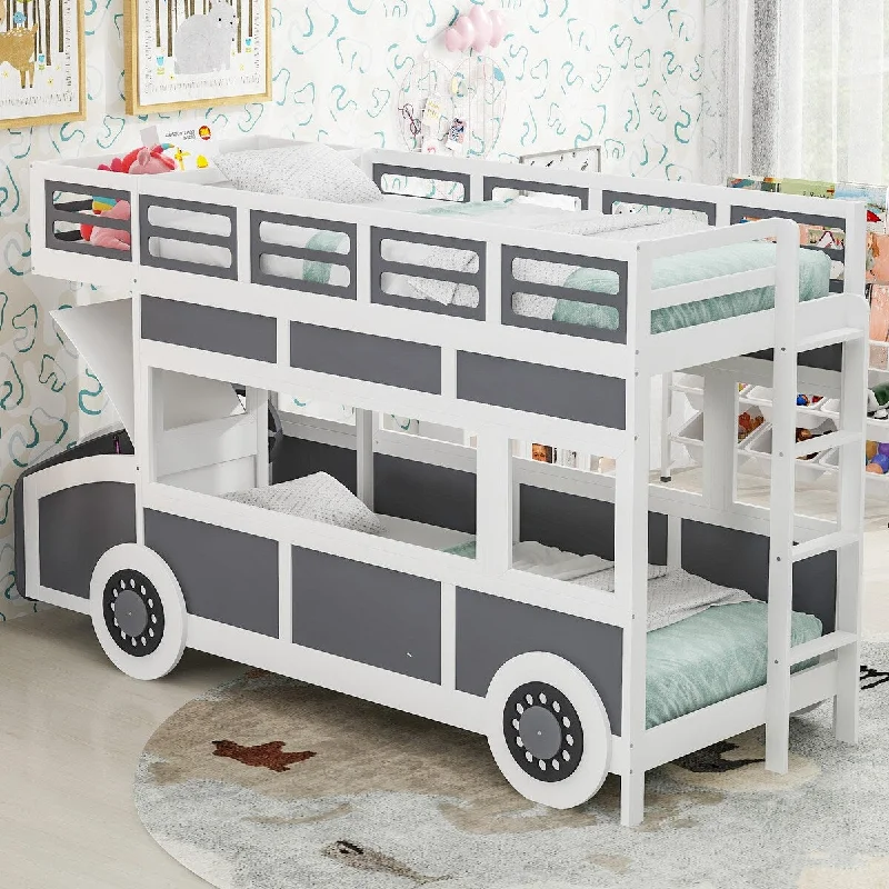 Bus Shaped Bunk Bed, Twin Over Twin Wood Bed Frame w/Wheels,Grey+White