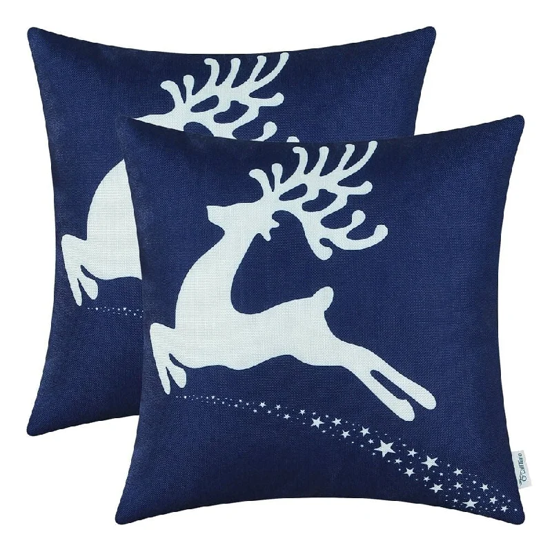 Cotton Linen Pillow Case Flying Reindeer Blue 18 x 18 Set of 2