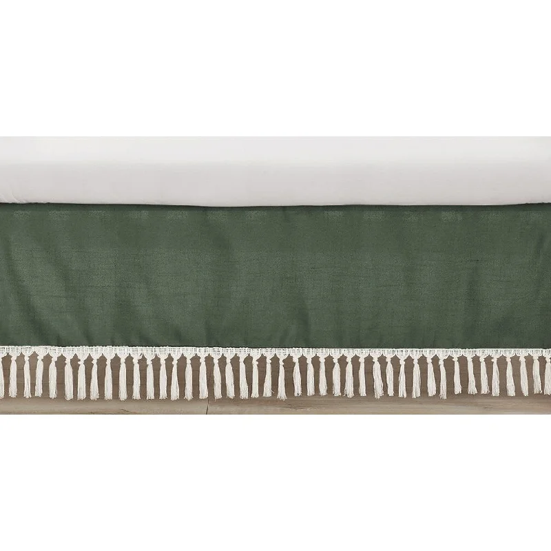 Dark Green Boho Chic Girl Boy Unisex Crib Bed Skirt Solid Sage Hunter Ivory Bohemian Linen Macrame Modern Farmhouse Minimalist