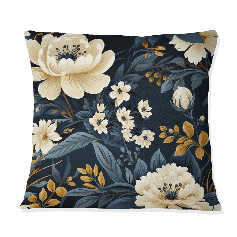 Designart "Dark Blue And White Allure Floral Pattern" Floral Printed Throw Pillow