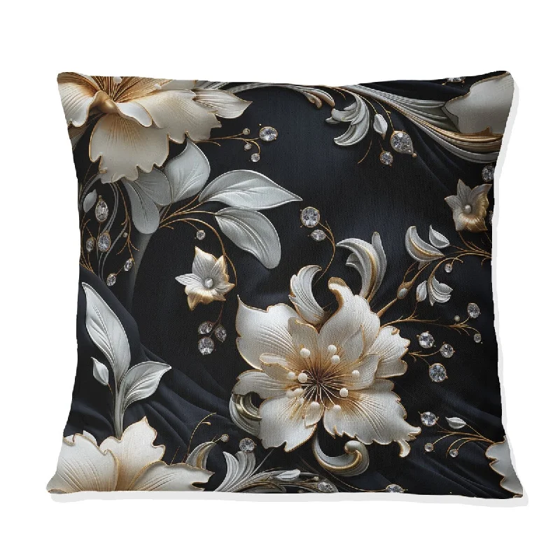 Designart "Golden Beige And Black Flowers Elegance I" Glam Printed Throw Pillow