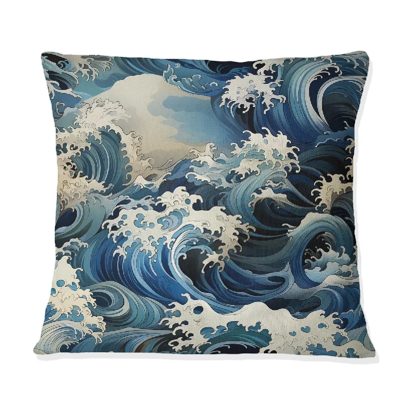 Designart "Hokusai Japanese Waves Pattern III" Coastal Printed Throw Pillow