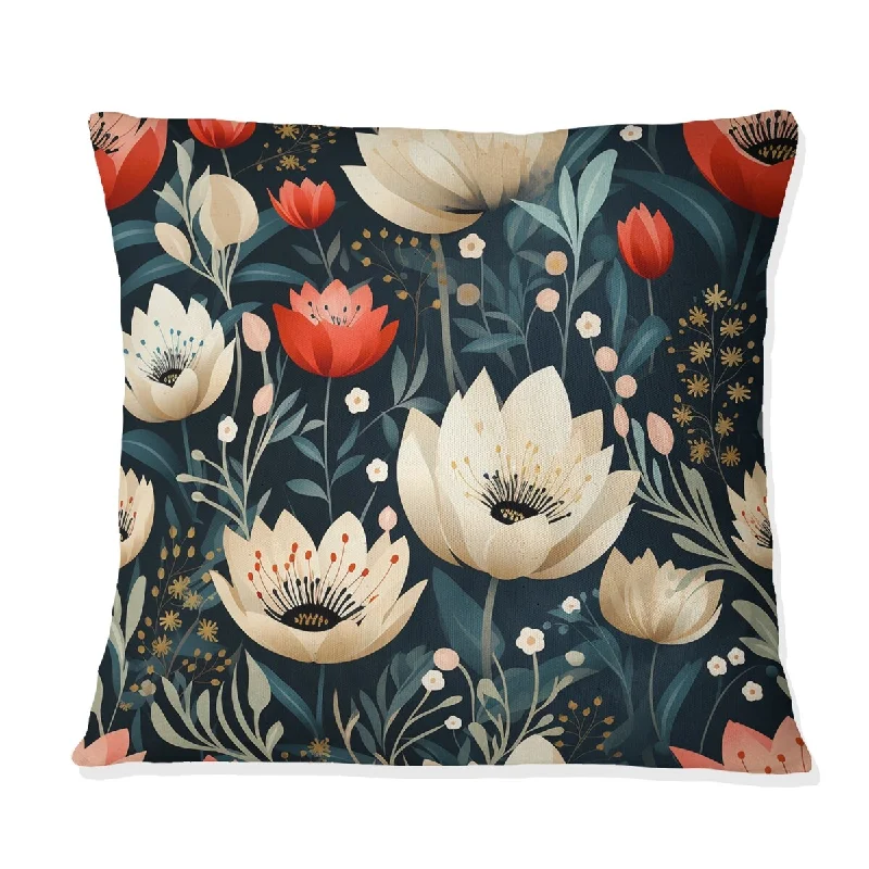 Designart "Ivory & Red Coastal Serene Floral Pattern" Floral Printed Throw Pillow