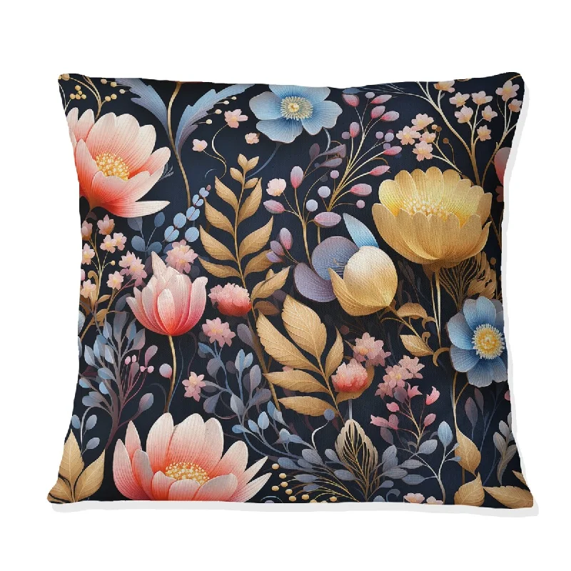 Designart "Pink And Blue Blooms Floral Pattern I" Floral Printed Throw Pillow