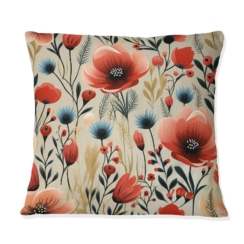 Designart "Red And Beige Retro Floral Pattern I" Floral Printed Throw Pillow