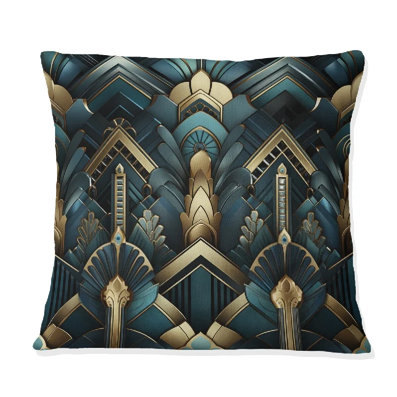 Designart "Teal And Gold Art Deco Geometric Glamour" Damask Printed Throw Pillow