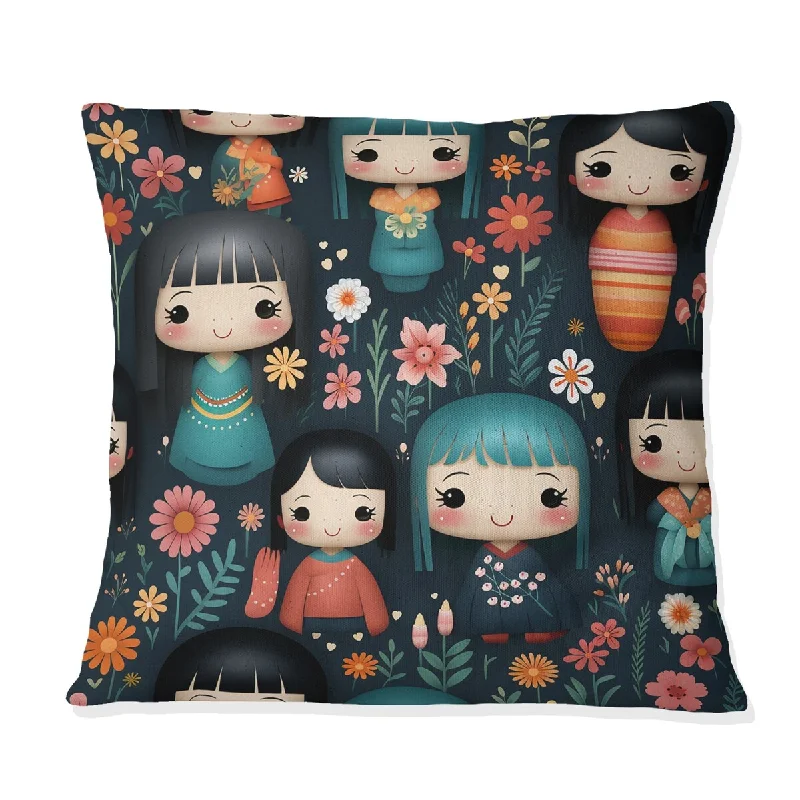 Designart "Vibrant Japan Kokeshi Doll Diversity IV" Japanese Printed Throw Pillow