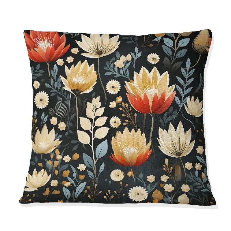 Designart "Vintage Flair Black And Orange Floral Brilliance" Floral Printed Throw Pillow