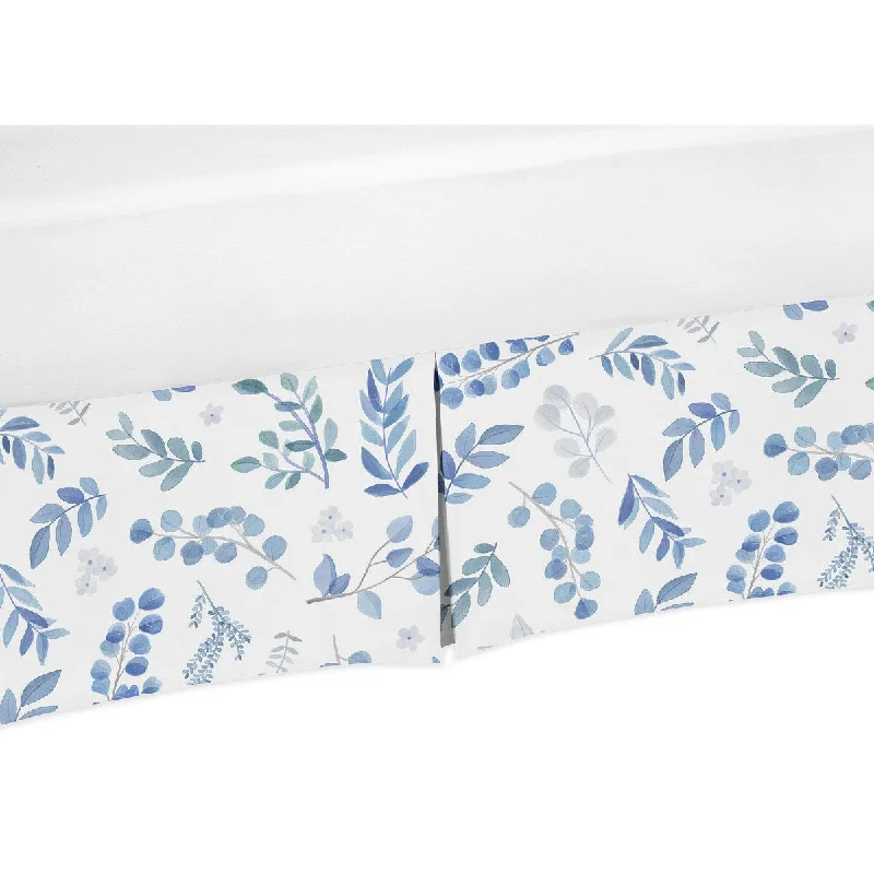 Floral Leaf Collection Boy or Girl Crib Bed Skirt - Blue Grey White Boho Watercolor Botanical Flower Woodland Tropical Garden