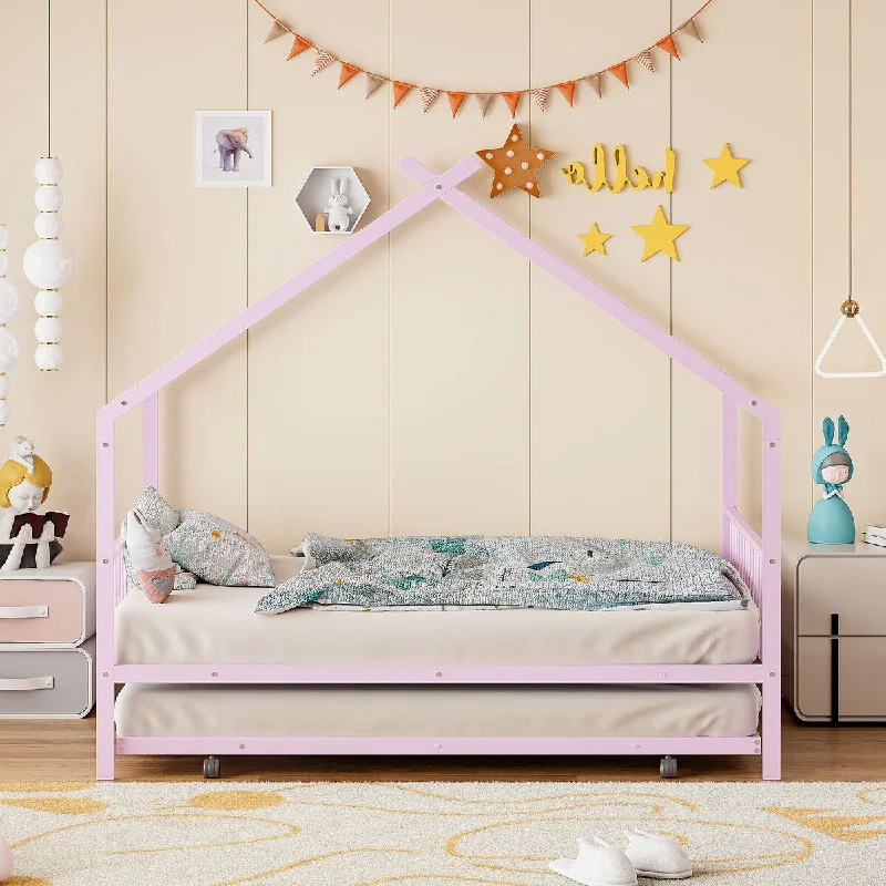 Full Metal House Daybed, Platform Bedframe with Roof & Trundle, Pink