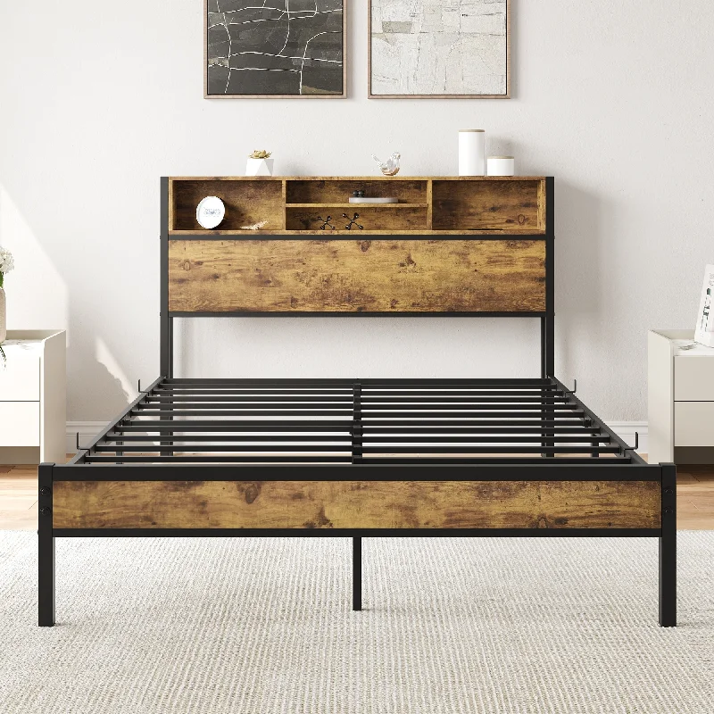 Full Size Bed Frame with Storage Headboard