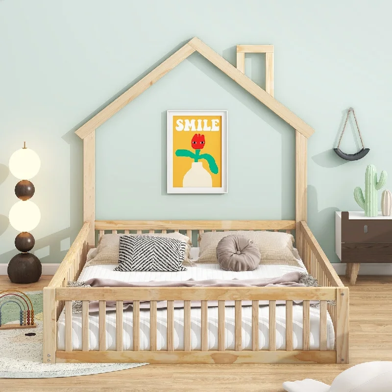 Full Size House-shaped Bed with Fence, Wooden Bed with Headboard, Platform Bed with Guardrail, Natural