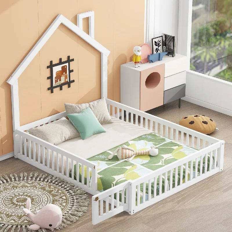 Full Size House-shaped Bed with Fence, Wooden Bed with Headboard, Platform Bed with Guardrail, White