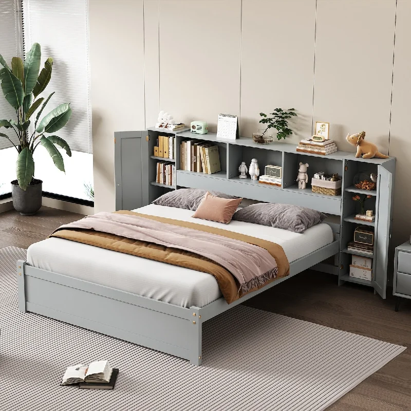 Full Size Platform Bed with Storage Headboard, Wooden Bed with Lockers, Gray