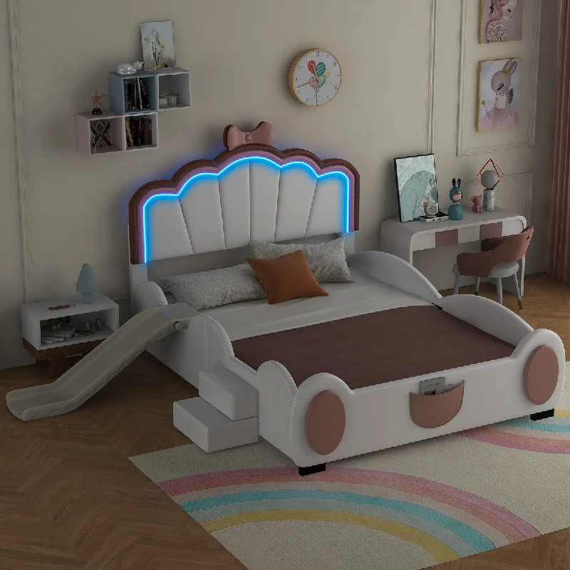 Full Size Seashell-Shaped Platform Bed with LED Lights & Safety Guardrail, Wood Upholstered Bed Frame with Children's Slide