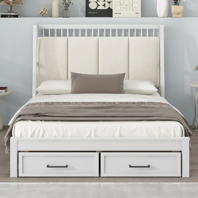 Full Size Wooden Bed with Two Drawers, Platform Bed Frame with Upholstered Headboard, Antique White