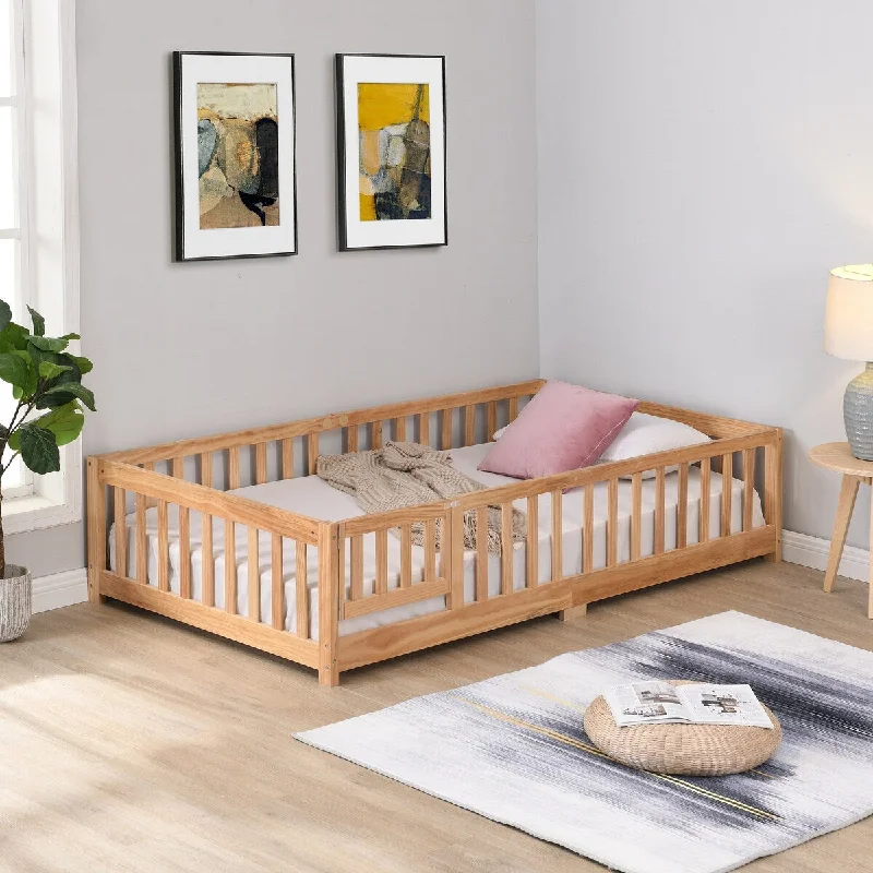 Full/Twin Size Floor Bed with Door, Solid Wood Platform Bed Frame with Fence for Children