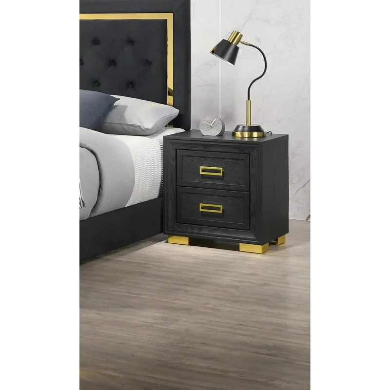 Glamorous 1pc Modern Glam Style 2-Drawer Nightstand Black Gold Finish Gold-colored Hardware Bedroom Furniture