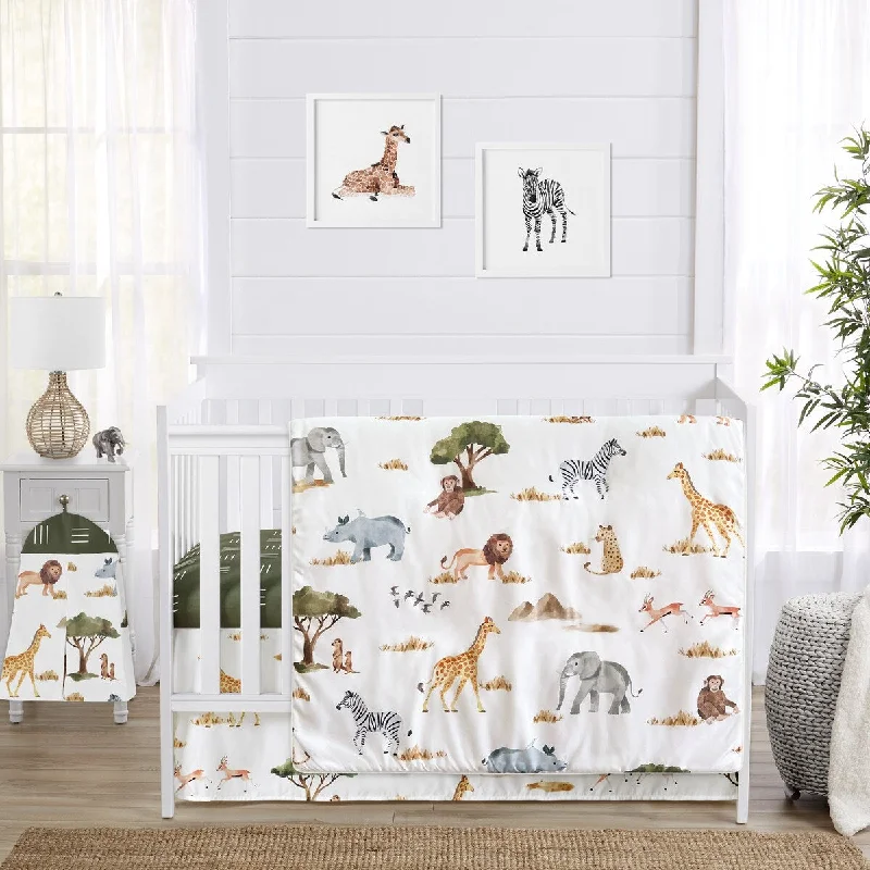 Jungle Animals 4pc Nursery Crib Bedding Set Hunter Green Yellow Grey Black and White Safari Animal Elephant Giraffe Lion Monkey