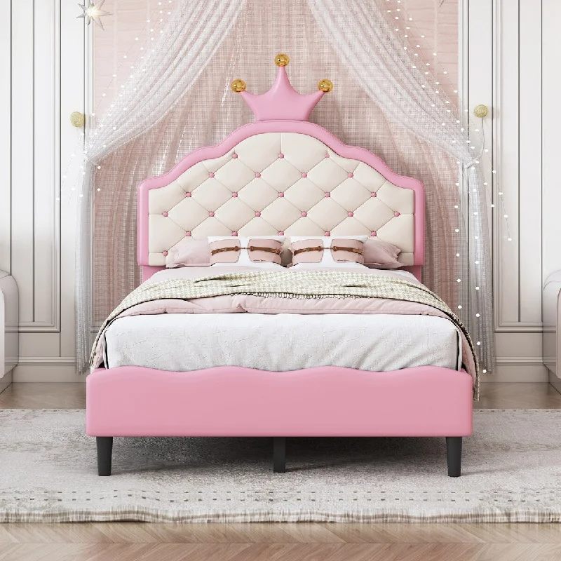 Lovely Crown Fantasy PU Leather Platform Bed with Tufted Headboard