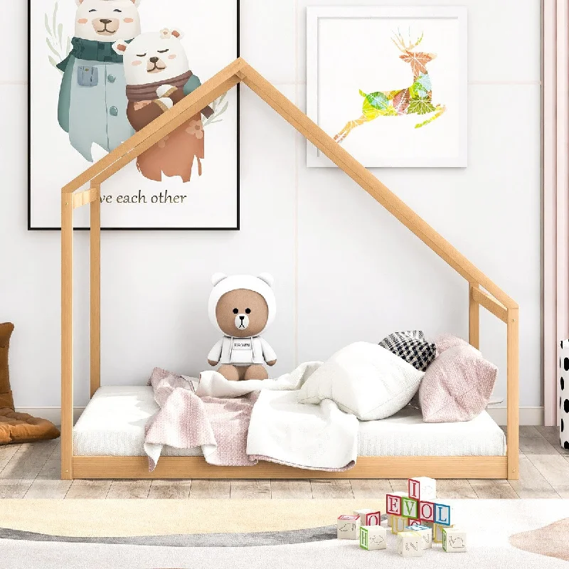 Modern Kids Wooden House Bed, Full Size