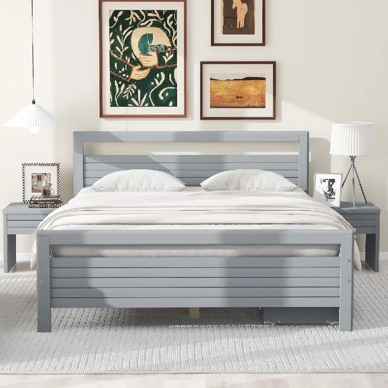 Modern Queen Size Wooden Bed with 2 Storage Drawers, Platform Bed with 2 Bedside Tables, Gray