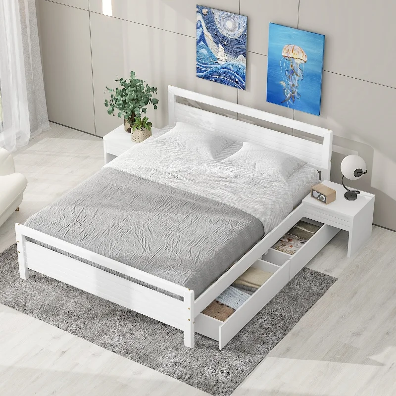 Modern Queen Size Wooden Bed with 2 Storage Drawers, Platform Bed with 2 Bedside Tables, White