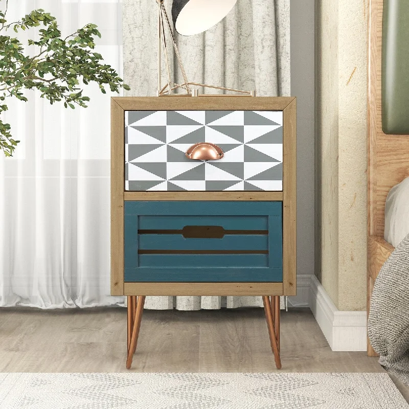 Natural Wood Nightstand with Two Drawers - Metal Feet - Stylish Design - Contemporary Bedside Table