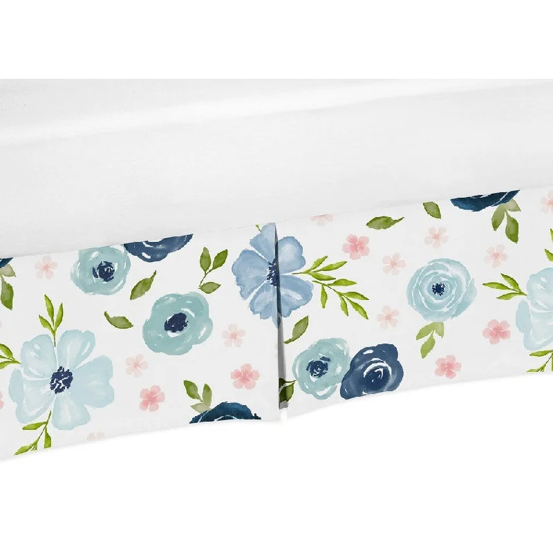 Navy Blue and Pink Watercolor Floral Girl Crib Bed Skirt - Blush Green and White Shabby Chic Rose Flower