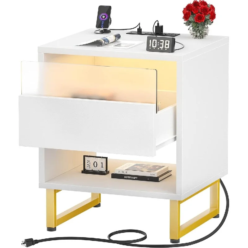 Nightstand with Charging Station and LED Light, Bedside Table 17"D x 18.9"W x 22"H