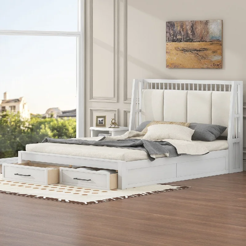 Queen Size Wooden Bed with Two Drawers, Platform Bed Frame with Upholstered Headboard, Antique White