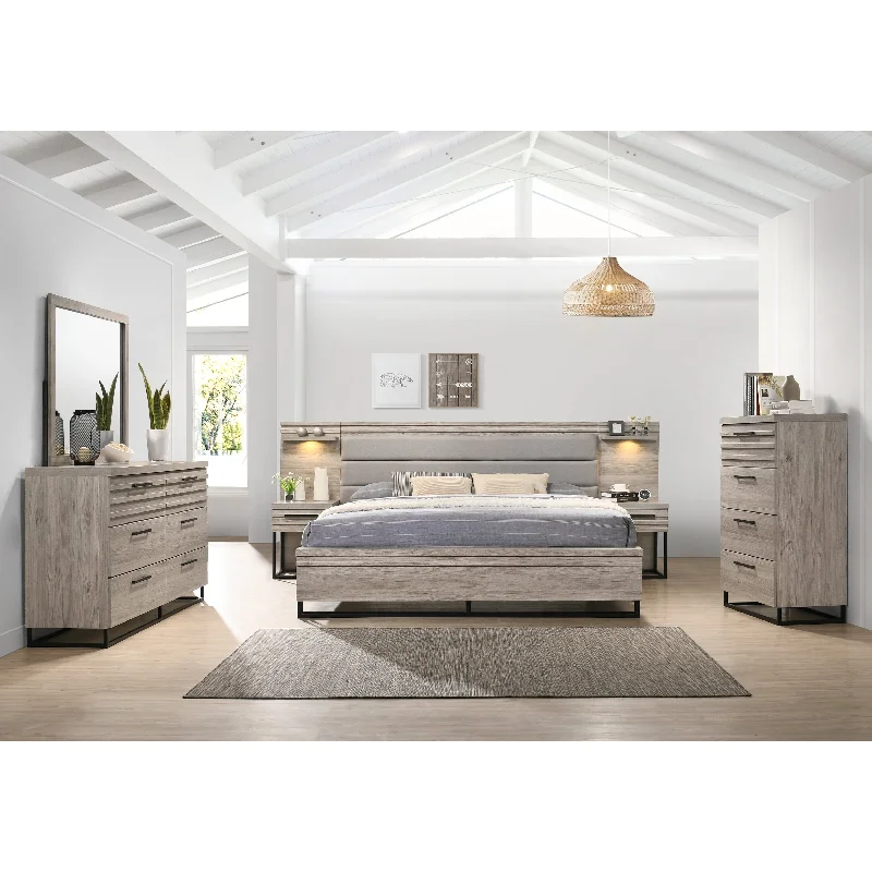 Roundhill Furniture Alvear Wallbed Bed with White LED Lights, Dresser, Mirror, Chest, and 2 Nightstands, Weathered Gray