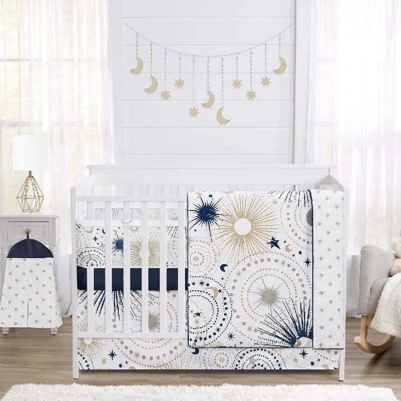 Sweet Jojo Designs 6p Crib Bedding+ BreathableBaby Breathable Mesh Liner Navy Blue Star Moon Boy Girl Gender Neutral