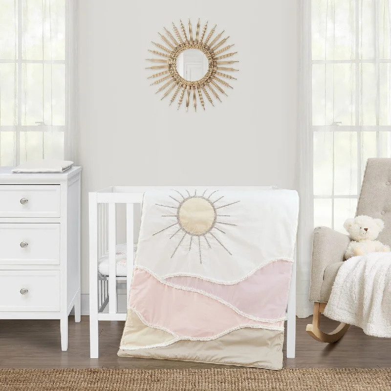 Sweet Jojo Designs Blush Pink Mauve Boho Desert Sun Girl 3pc Mini Crib Bedding Set Taupe Bohemian Watercolor Mountains Southwest