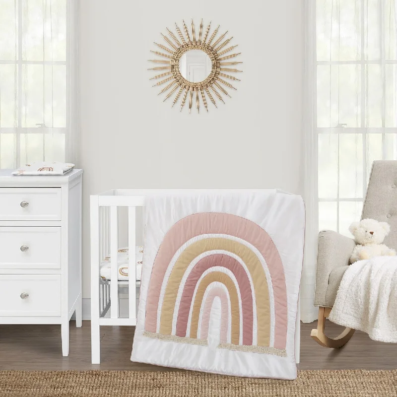 Sweet Jojo Designs Boho Rainbow Girl 3pc Mini Crib Bedding Set Blush Dusty Rose Bohemian Modern Neutral Vintage Gold Mauve Beige