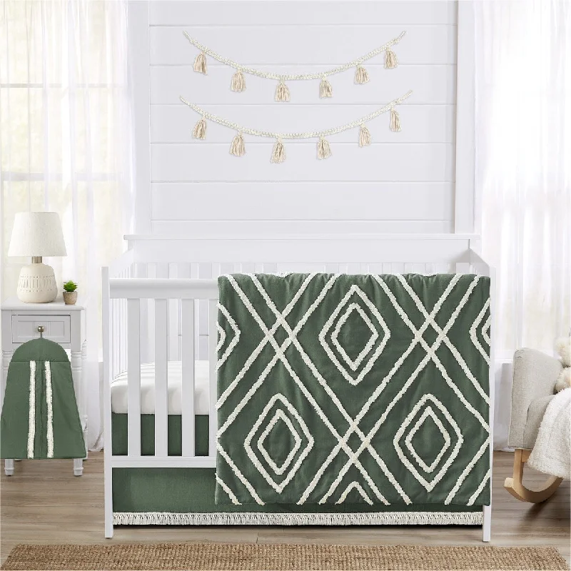 Sweet Jojo Designs Dark Green Boho Arrow Boy Girl Gender Neutral Nursery Crib Bedding Set 4pc Bohemian Farmhouse Diamond Tuft