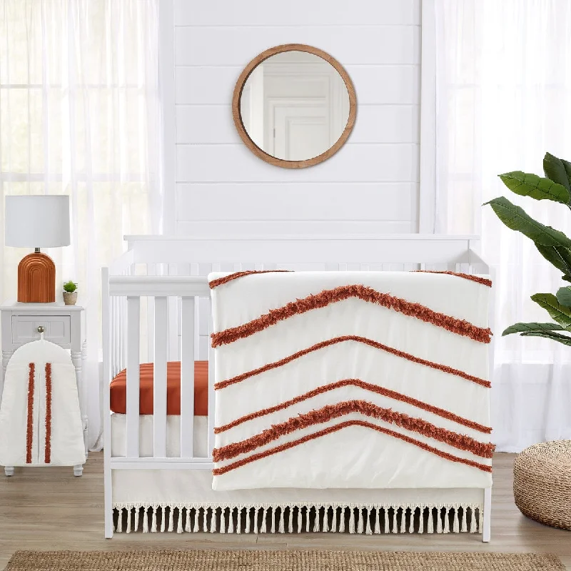 Sweet Jojo Designs Orange Boho Bohemian Girl 4pc Nursery Crib Bedding Set Burnt Rust Ivory Farmhouse Shabby Chic Fringe Cotton