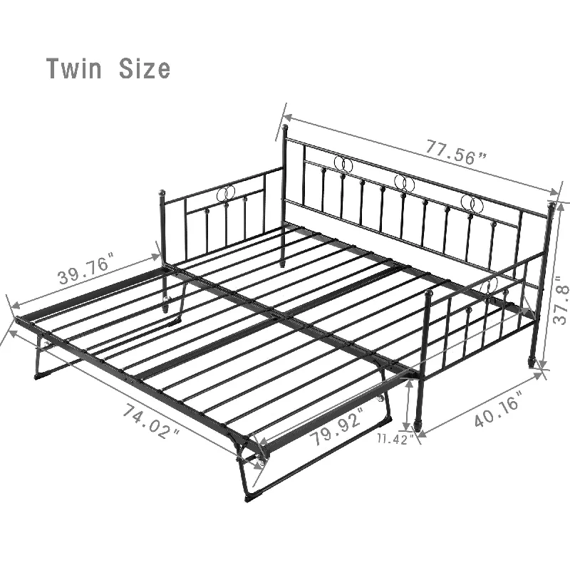 Twin Metal Daybed With Pop Up Trundle Bed for adults for Living Room, Guest Room, Easy Assembly ⚫