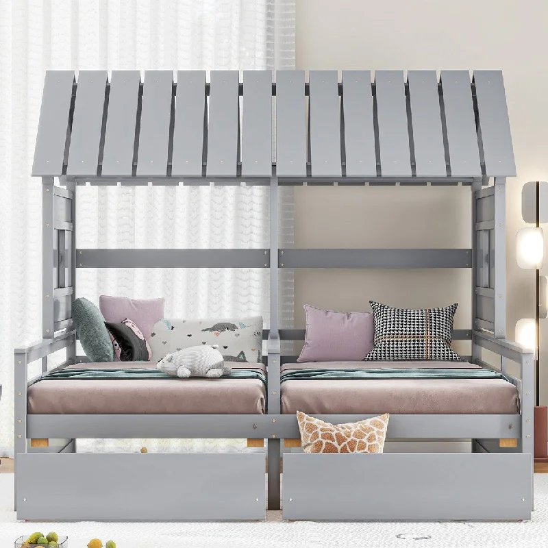 Twin Size House Platform Beds, Double Shared Bed with 2 Drawers, Gray