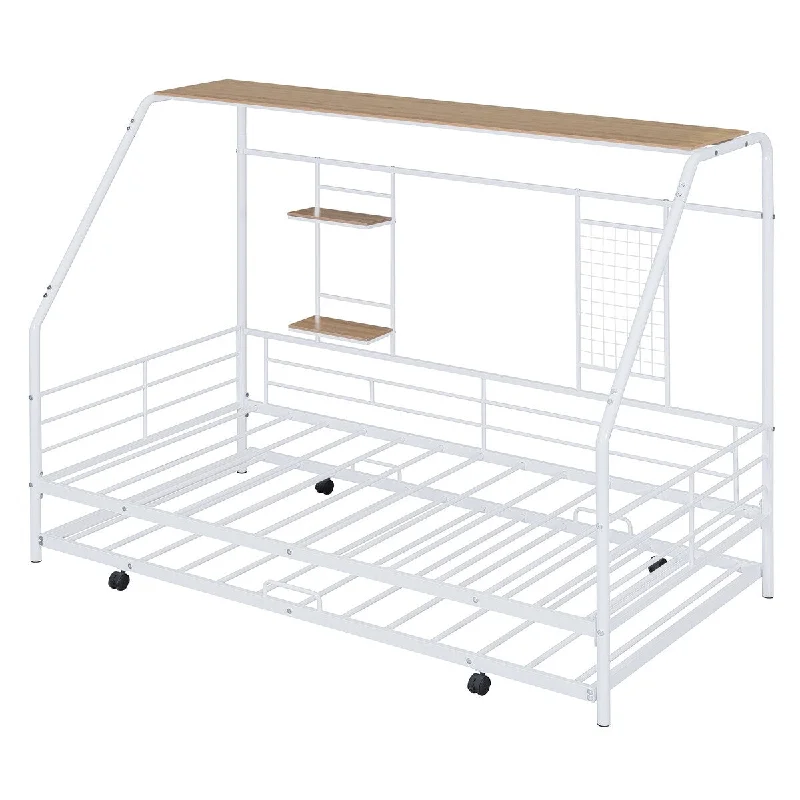 Twin Size Metal House Bed Frame with Trundle Bed & 3 Shelves