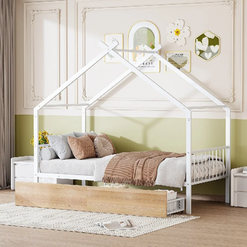 Twin Size Metal House Daybed, Platform Bedframe with Roof & 2 Drawers for Kids, Boys, Girls, No Box Spring Needed