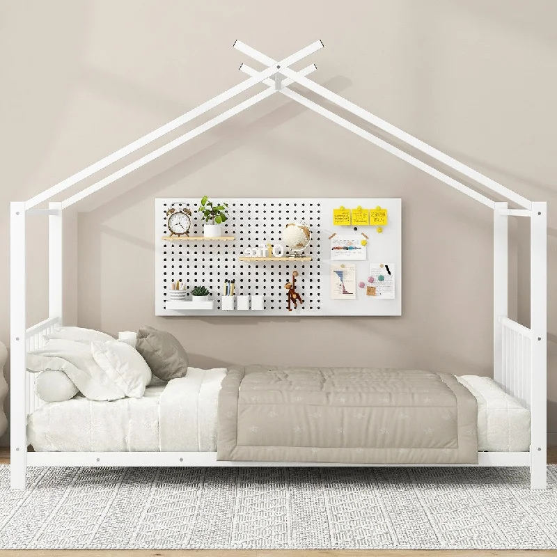 Twin Size Metal House Platform Bed Frame with Roof for Kids, White