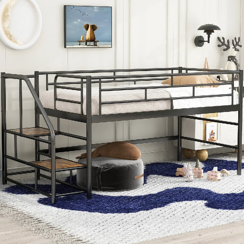 Twin Size Metal Mid Loft Bed Frame with Storage Stairs & Safety Guardrail for Kids Teen Girls Boys Bedroom, Space Saving Design