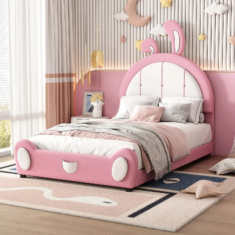 Twin Size Platform Bed with Rabbit Shaped PU Headboard, Upholstered Bed Frame with Wooden Slats Support