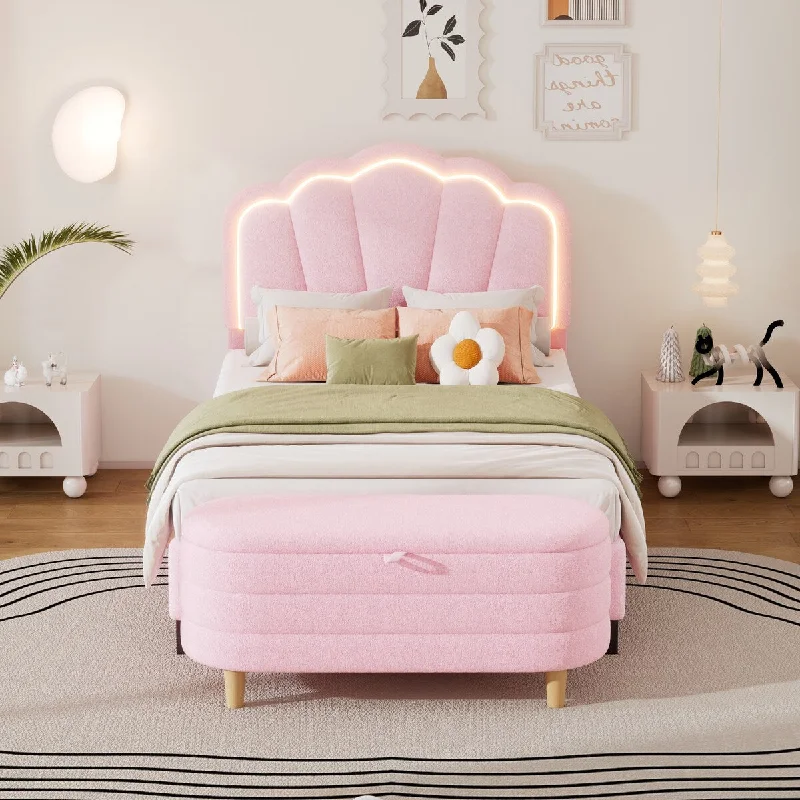 Twin Size Upholstered Flower-Shape Bed with LED Light Strip & Ottoman,Sherpa Fabric Platform Bed with Wooden Slats Support,Pink